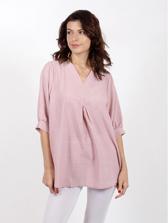 Fashion Blouse W/ V Neck & Buttoned Back 